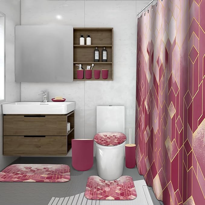 Lnond Red Bathroom Set, Red Abstract Cubes Bathroom Accessories Sets Complete, Luxury Restroom Set with Shower Curtain and Rugs, Trash Can, Toilet Brush Holder Set & Soap Dispenser