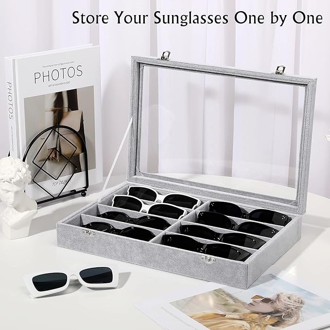 Emibele Glasses Organizer Jewelry Tray, 8 Grids with Clear Lid Velvet Tray Watch Storage Stackable Jewelry Showcase Display Storage with Detachable Inner Dividers - Grey
