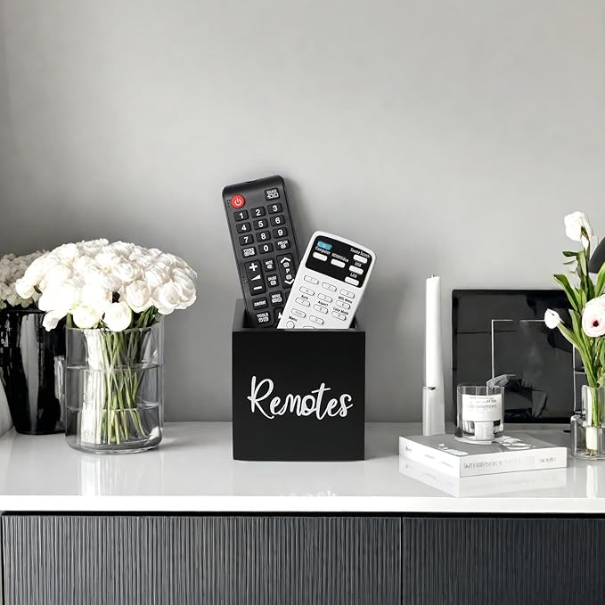 Wood Remote Control Holder, TV Remote Control Organizer for Home Bedroom Table, Multi-Purpose Desktop Storage (Black, S,for 2 or 3 Remote Controls)