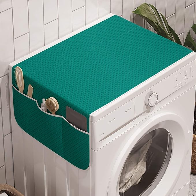 Ambesonne Teal Washing Machine Organizer Pack of 2, Knitting Inspired Pattern Sewing and Crafting Hobby Themed Design Monochrome Image Print, Anti-Slip Cover for Washers Dryers, 47" x 18.5", Teal