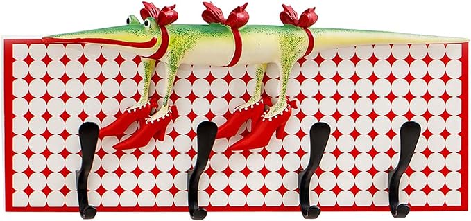 Decorative Wall Hook Rack with 4 Metal Hooks, 18" x 8" Red and White Vintage Plaid Panel, Whimsical Crocodile Wall Decor Organizer for Entryway, Kitchen, Living Room