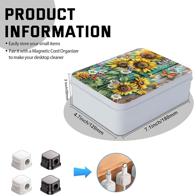 Metal Tin Box with Lid,Multi-functional Storage Large Box Can Store Tea Biscuits Game Cards, Playing & Tarot Cards-Comes with 4 Magnetic Cord Clips,Sunflowers Daisies and Butterflies