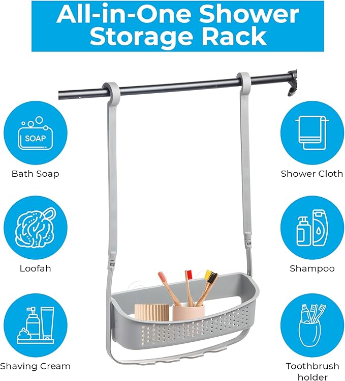 Blue Canyon Hanging Shower Caddy Single Basket, No Drill Bathroom Shelf, Non-Rusting Storage Shelves, Shower Accessory for Bathroom Organisation Shelf, Over Bath Storage Shower Basket Organizer, Grey