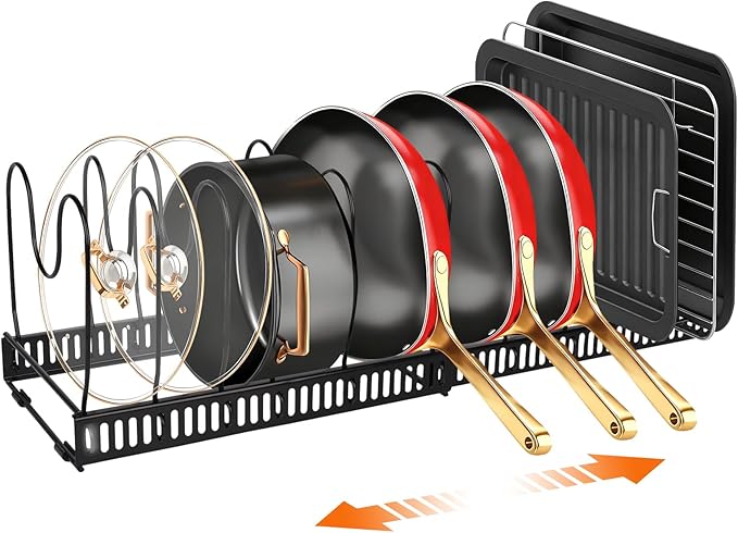 Under Cabinet Pot and Pan Organizer - Expandable (11.8"-22.8") Kitchen Cabinet Storage Rack with 13 Adjustable Dividers for Lids, Cutting Boards & Baking Sheets - Tool-Free Assembly, Black