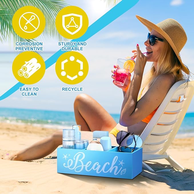 Beach Storage Basket Blue Summer Beach Wooden Box with 3 Compartments Toilet Tank Tray for Indoor Outdoor Swimming Pool Decor Sunblock Sunglasses Pool Toy Storage Box