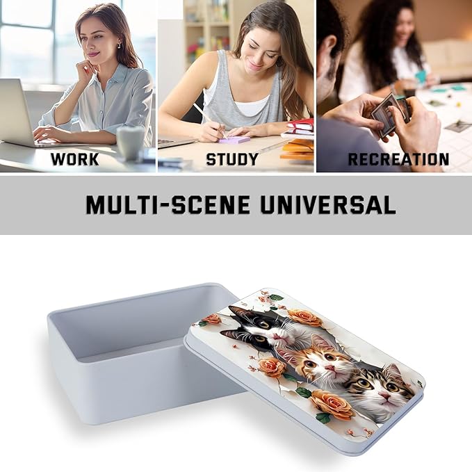 Metal Tin Box with Lid for Game Cards Home Organizer Candles Keys Crafts Storage - Equipped with 4 Magnetic Cord Clips，Cute Cats and Roses