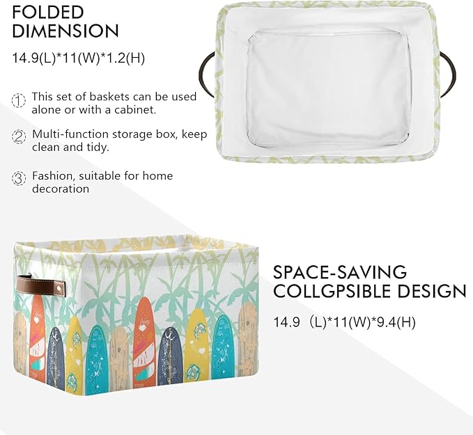 susiyo Large Foldable Storage Bin Palm Trees Surf Boards Fabric Storage Baskets Collapsible Decorative Baskets Organizing Basket Bin with PU Handles for Shelves Home Closet Bedroom Living Room-1Pack