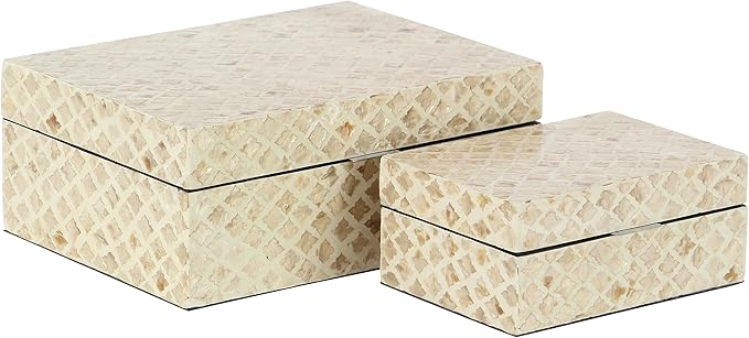 Deco 79 Mother of Pearl Shell Handmade Decorative Box Decorative Keepsake Boxes with Hinged Lid, Set of 2 Storage Boxes 12", 8"W, Cream