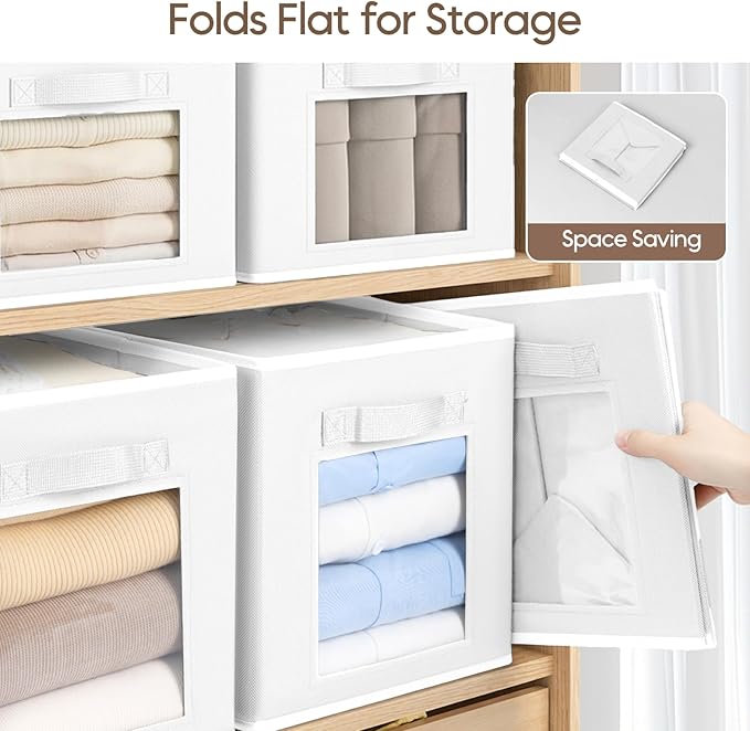 Storage Cube 11 Inch - Cube Storage Bins with Window, Closet Storage Baskets with Handle, Fabric Bins for Closet, Shelves, Toys, Clothes, Set of 10, White