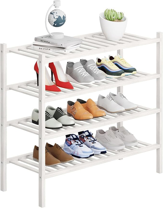 4 Tier Bamboo Shoe Rack Storage Organizer for Closet, Multifunctional Stackable Free Standing Shoe Shelf Organizer for Small Space,Entryway, Hallway, Bathroom27 x11 x26(White, 4 Tier)