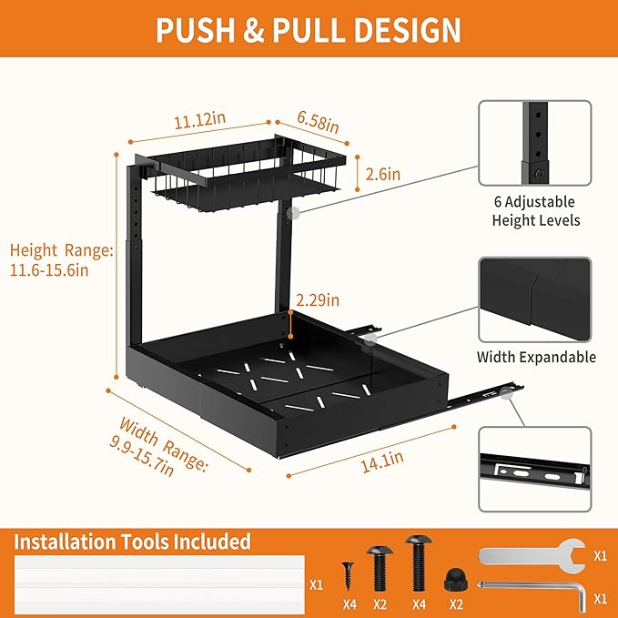 Expandable Under Sink Organizer and Storage, 2-Tier Adjustable Pull-Out Cabinet Organizers, Slide-Out Shelf with Width (9.9"-15.7") & Height (11.6"-15.6") for Kitchen & Bathroom