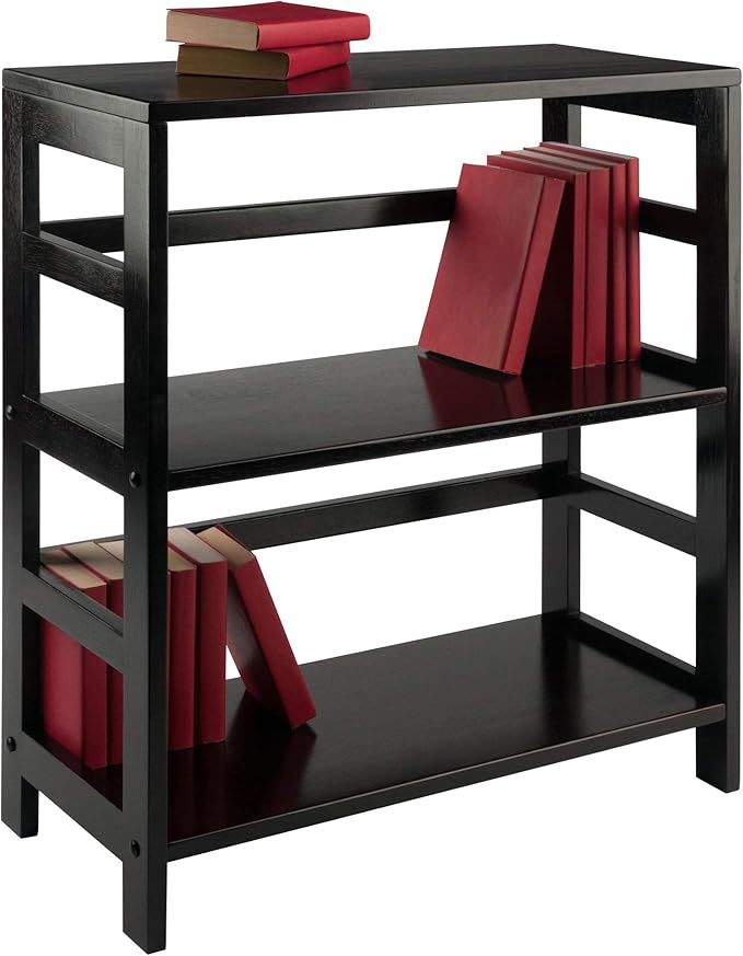 Winsome Leo 2-Tier Wide Storage Shelf with 3 Foldable Woven Baskets, for Living Room, Home Office, Bedroom, Espresso