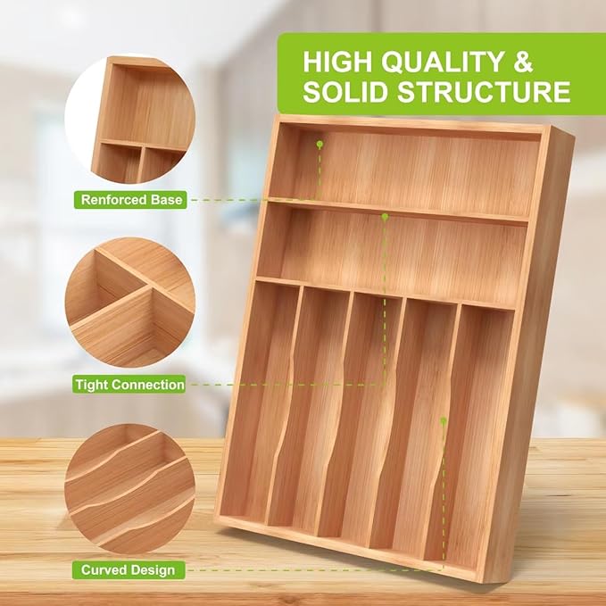 Bamboo Utensil Drawer Organizer, Silverware Tray Organizer, Kitchen Drawer Organizer for Flatware Cutlery, Silverware Tray for Drawer (Natural, Large 16.5x12.3 Inch)