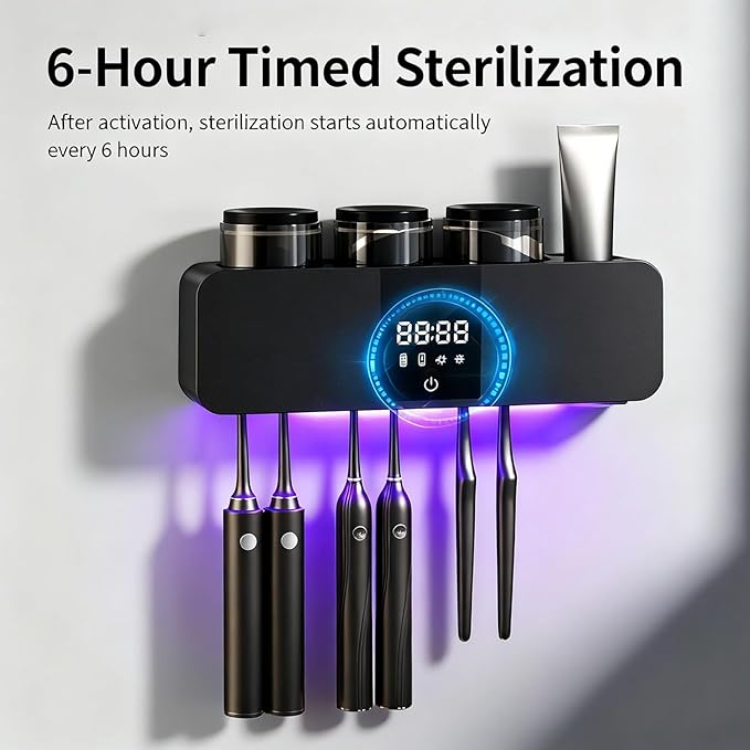 Toothbrush Cleaner Holder, Recharging Wall Mounted Tooth Brushing Holder with Cleaner & Drying, 3-Cup - Family Home Bathroom Organizer, No-Drill Installation (Black)