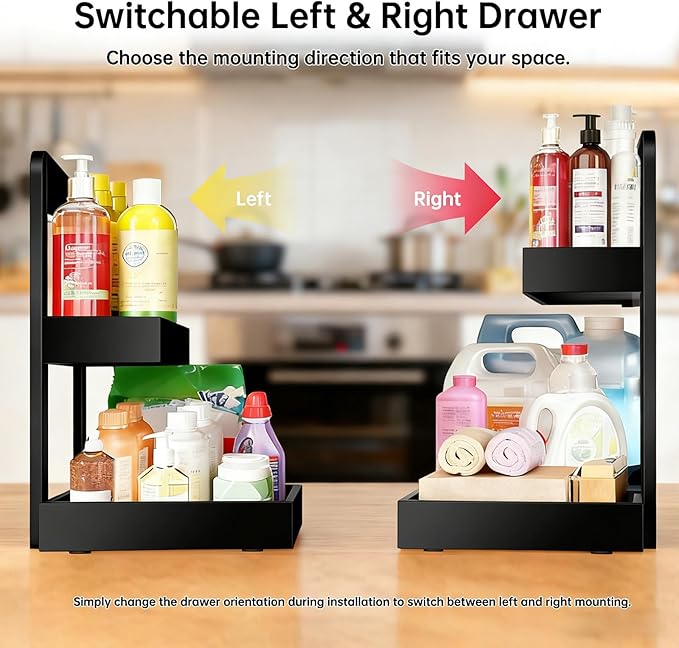 2-Tier Under Sink Pull Out Organizer, Bamboo Cabinet Storage Shelf with Adjustable Height, 9 Inch White Slide Out for Kitchen Bathroom Pantry Black
