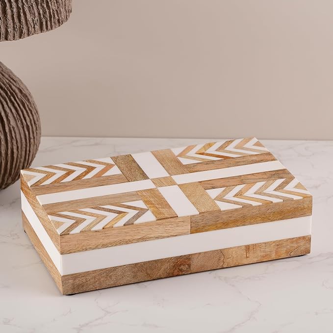 Handicrafts Home White Decorative Storage Box with Lid Wood Remote Control Box Coffee Table Storage Box Remote Holder for Living Room Decor â Resin Inlay Patisserie Adorn Collection- 8x5x2