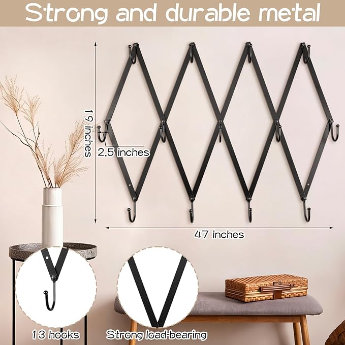 Kathfly Vintage Accordion Wall Hanger Folding Hand Forged Iron Accordion Rack Metal Expending Hat Coat Rack Wall Hook for Towels, Hats, Mugs, Bags, Stockings (13 Hooks,Black)