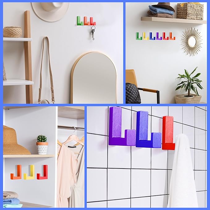 6 Pack Cute Kids Coat Wall Hooks Wooden Adhesive Decorative Colorful Wall Mounted Hangers Backpack Hooks for Hanging Keys Towel Clothes Bathroom Organization(Rainbow)