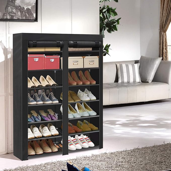 ERONE Shoe Rack Storage Organize, 28 Pairs Portable Double Row with Nonwoven Fabric Cover Shoe Shelf Cabinet for Closet