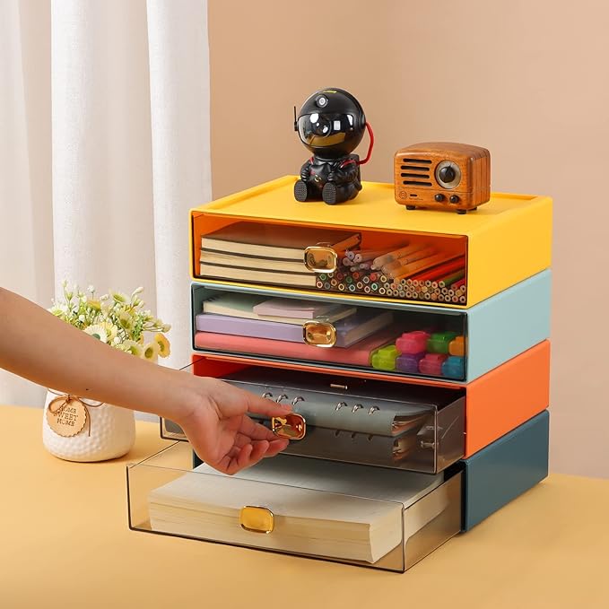 Spacious Desktop Storage Box, 2 Large Storage Drawers, Stackable Office Desk Drawer Organizer and Accessories, Printer Paper Organizer, Orange & Yellow Plastic Drawers for Workspace & Home