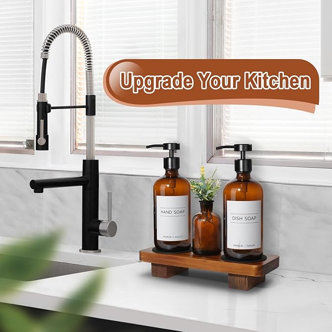 Amber Glass Soap Dispenser with Upgraded Flat Pump, Dish Soap Dispenser for Kitchen, Hand Soap Dispenser for Bathroom, Decorative Vase & Wood Riser Bathroom Decor(Amber02)