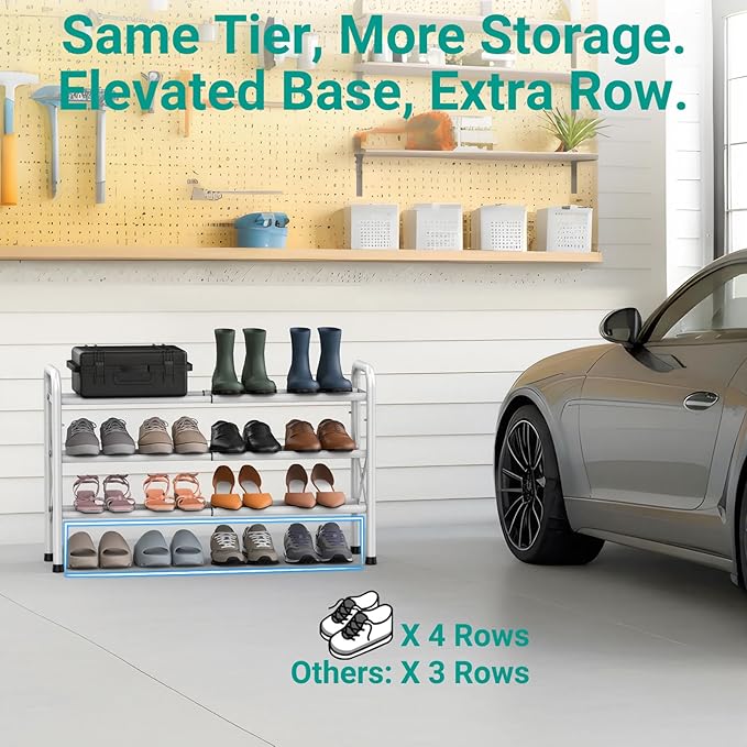 3-Tier Expandable Shoe Rack for Closet Floor, X-Frame Metal Small Shoe Rack for Entryway, Adjustable Shoe Shelf Organizer, Free Standing Shoe Racks for Front Door Entrance, Garage - White