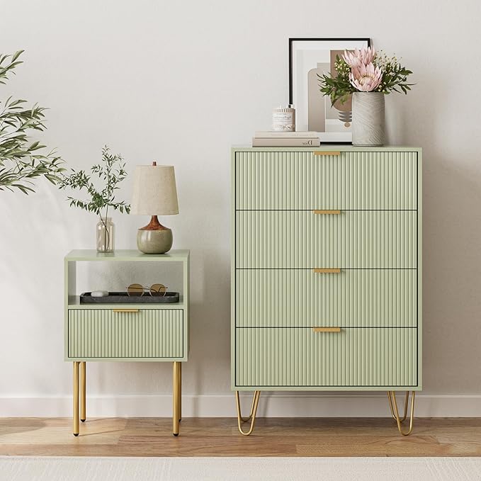 Masupu 4 Drawer Dresser, Drawer Chest, Tall Storage Dresser Chest Cabinet Organizer Unit with Gold Metal Legs, Nightstand for Bedroom, Living Room, Closet, Hallway Green Stripe