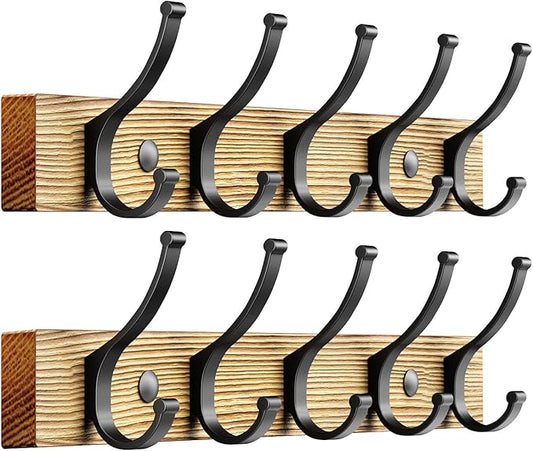 Coat Rack Wall Mount, 16.5 Inches Wood Coat Hooks Wall Mount, Wall Coat Rack with 5 Hooks, Hat Rack Wall Hooks for Hanging Coat, Bag, Towel (2Pack, Natural)