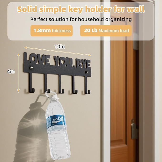 Key Holder Wall Mount – 'Love You.Bye' Entryway Organizer with 5 Hooks,Black Metal Key Hanger (10x4 Inch) – No Drill Adhesive or Screws for Easy Installation