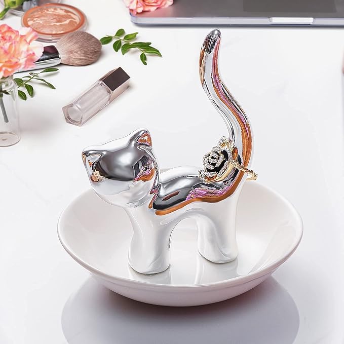 PUDDING CABIN Cat Ring Holder, Trinket Dish for Rings Earrings Organizer, Cat Lovers Gift for Women Mom, Funny Cat Themed Gifts for Girls Friends Valentine Christmas