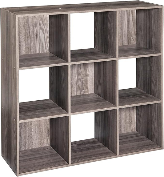 ClosetMaid Cubeicals 9 Cube Storage Shelf Organizer Bookshelf, Stackable, Square Shape, Easy Assembly, Wood, Natural Gray Finish