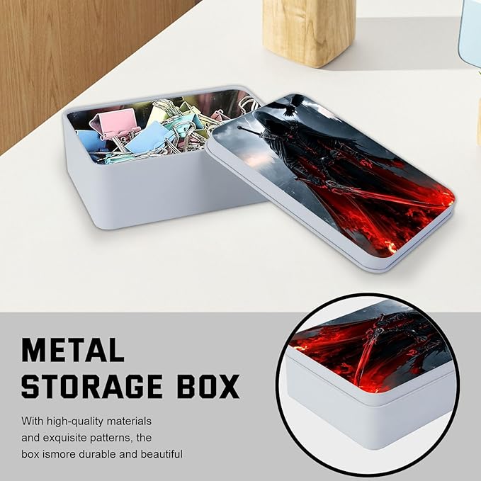 Metal Tin Box with Lid,Multi-functional Storage Box Can Store Tea Biscuits Game Cards, Playing & Tarot Cards-Comes with 4 Magnetic Cord Clips,Dark Warrior with Red Sword