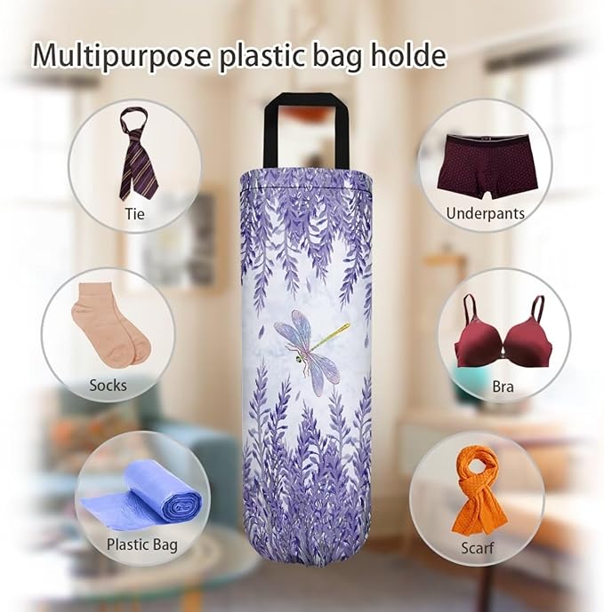 Purple Plastic Bag Holders Wall Mount Hanging Shopping Trash Bag Storage Organizer Grocery Bags 2PCS Hanging Plastic Bag Pouch,Lavender Dragonfly