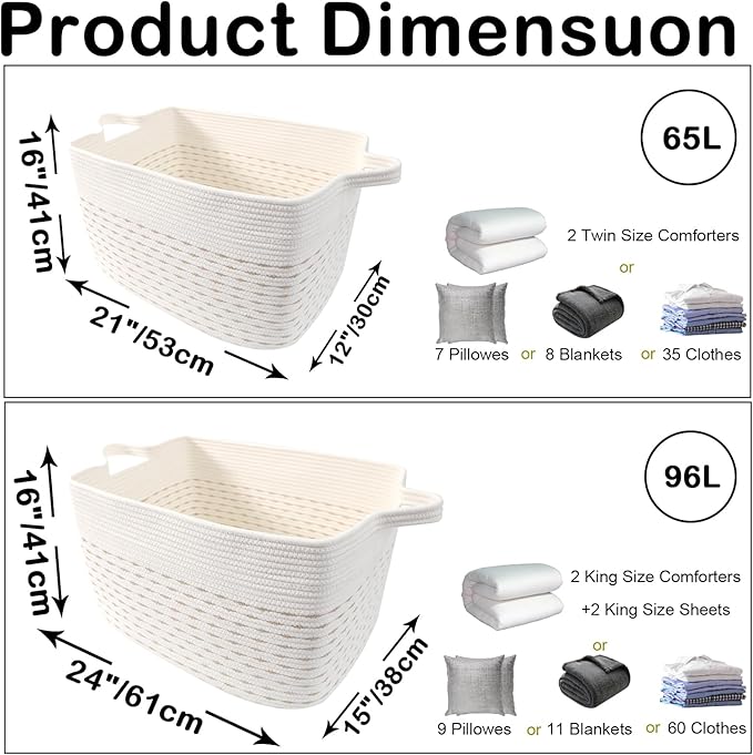 Magazine & Newspaper Baskets,Large Woven Rope Blanket Basket,24"x16"x15"Storage Bin with Handle,Toys Storage,Laundry Basket for Home Organization/Living Room/Nursery/Bedroom,White&Yellow