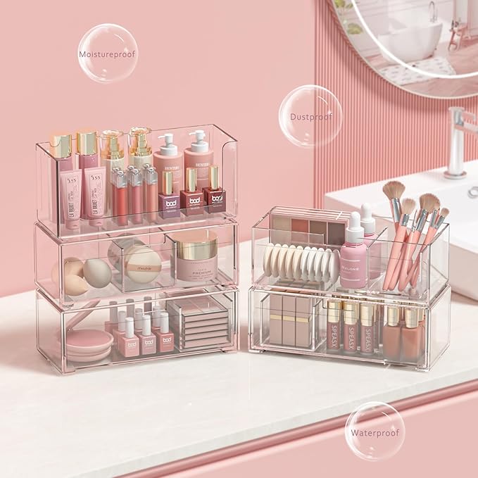 Stackable Storage Drawers Clear Plastic Storage Bins Bathroom Drawer Organizer Medicine Cabinet Organizer Makeup Organizers w Removable Divider Home Workspace Office Desktop Vanity Gift Idea 4Pack