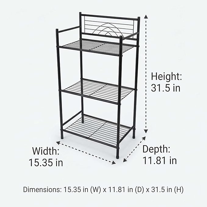 Bath Bliss 3 Tier Freestanding Bathroom Storage Shelf, Black Metal Organizer Rack | Rust Resistant Space Saving Bathroom Stand | Toilet Paper Towel Holder | Bathroom Organizer for Small Spaces