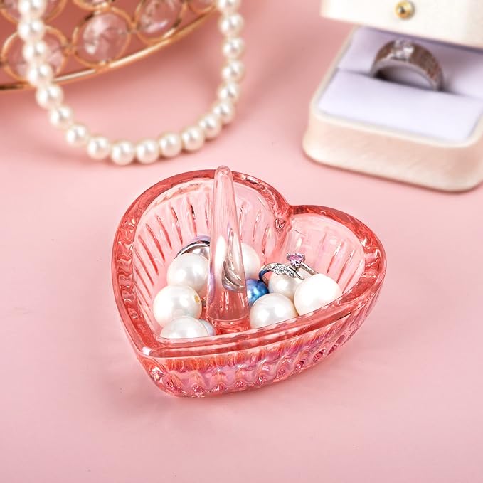 H&D HYALINE & DORA Glass Ring Holder Dish,Crystal Glass Heart Shaped Ring Holder for Women, Crystal Jewelry Tray for Rings,Earrings(AB color-pink)