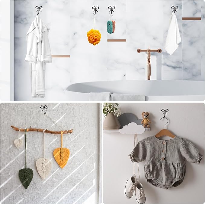 10 Pcs Black Bow Hooks, Bow Hooks for Wall, Bow Decoration Hook,Decorative Hook, Suitable for Room, Bathroom, Love Shack Fancy Decor（Black）