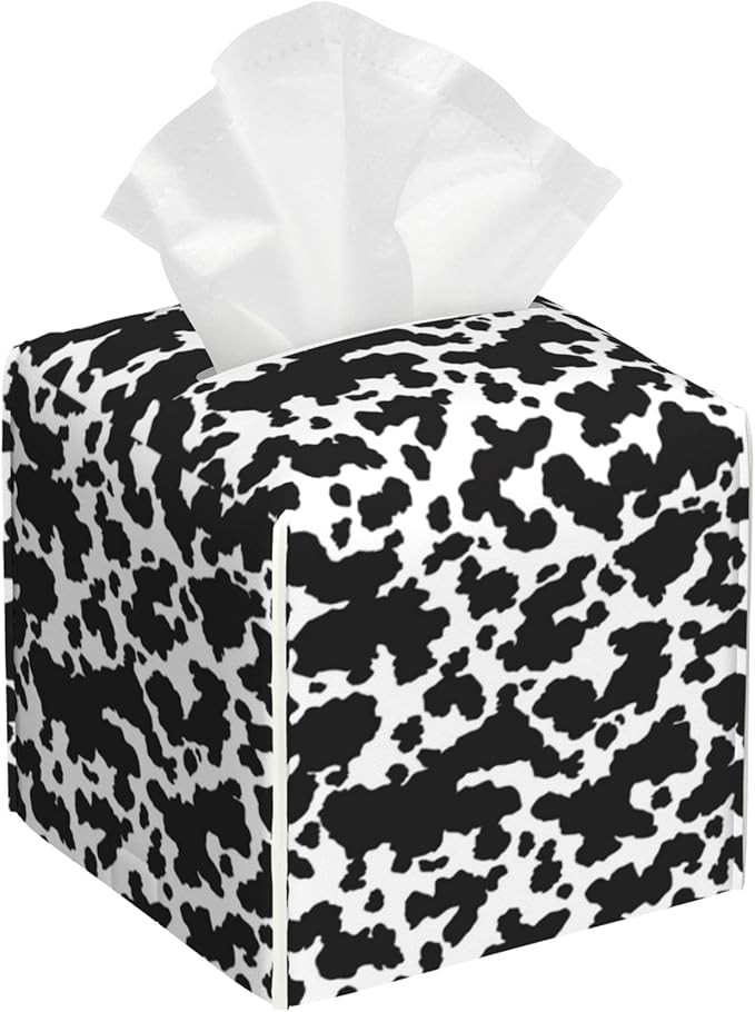 Tissue Box Cover Cow Print Leather Tissue Box Holder Cube Paper Case Cover Facial Paper Organizer Dispenser for Bathroom, Vanity Countertop, Office Desk