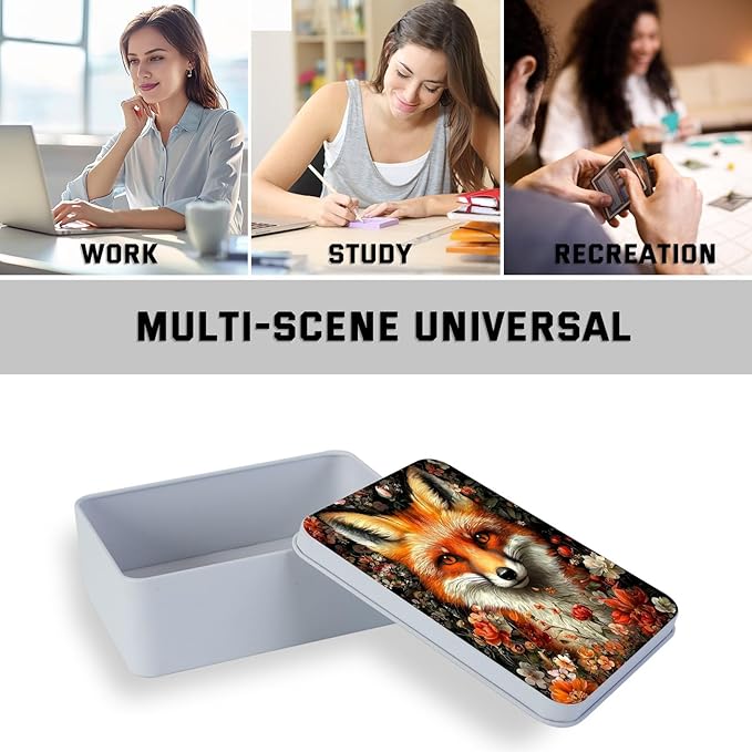 Metal Tin Box with Lid,Multi-functional Storage Box Can Store Tea Biscuits Game Cards, Playing & Tarot Cards-Comes with 4 Magnetic Cord Clips,Fox Surrounded by Flowers