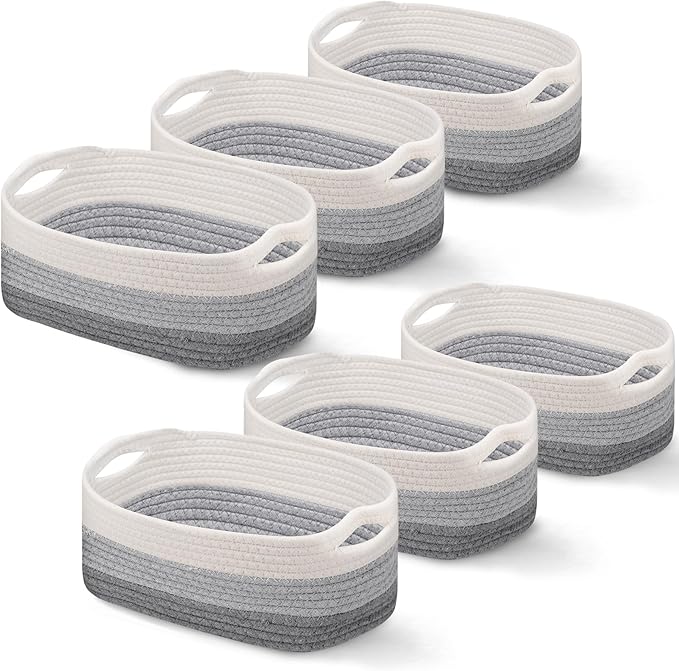 Sawysine 6 Pcs Cotton Rope Woven Basket for Storage Baskets for Organizing Storage Baskets Rope Basket with Handles for Cloth Blanket Toys Living Room Bathroom Laundry (Gray and White)