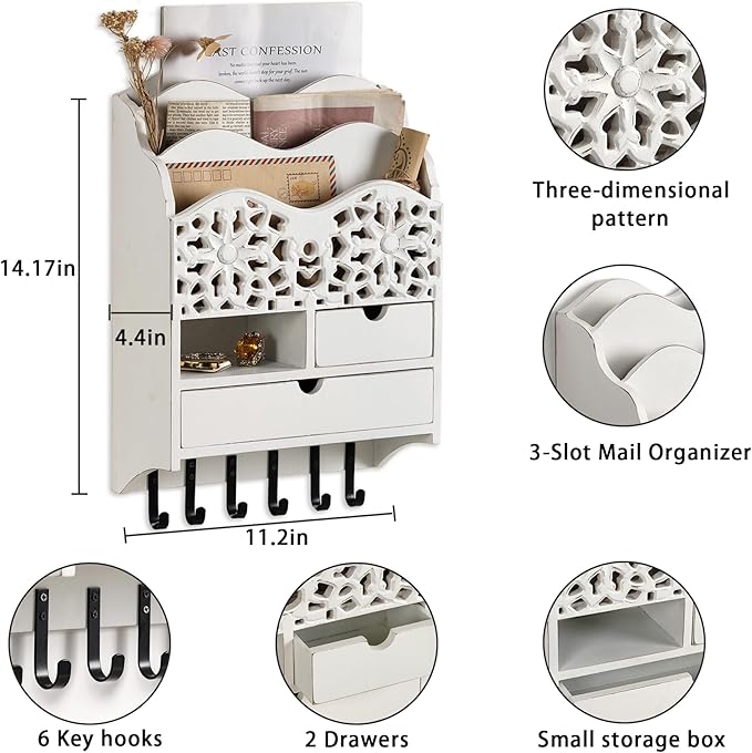 3-Slot Mail Sorter Organizer Wall Mount with 6 Hooks, Key Holder for Wall Decorative with 2 Drawer, Key Rack Hanger for Home Coat/Letter/Magazines/Dog Leash/Entryway/Room Decor