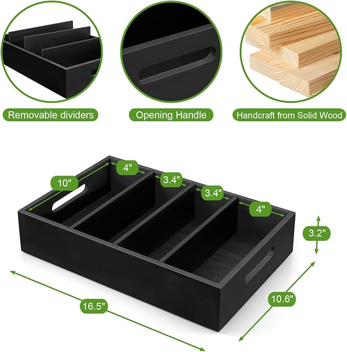 DRASTAR Pantry Organization and Storage Bins, Seasoning Packet Organizer with Removable Dividers,Wooden Storage Caddy for Kitchen, Pantry, Cabinet, Countertop (Black, Large)