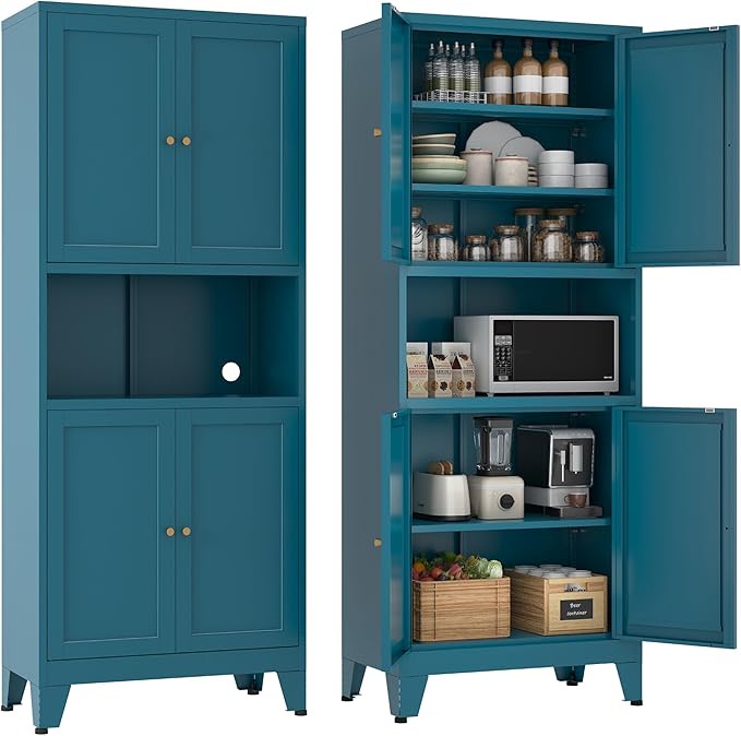 69" Tall Metal Pantry Cabinet with Microwave Shelf,Microwave Storage Cabinet with 4 Doors & 3 Adjustable Shelves,Metal Cabinet with Storage for Kitchen Dining Room Living Room(1PC,Blue)
