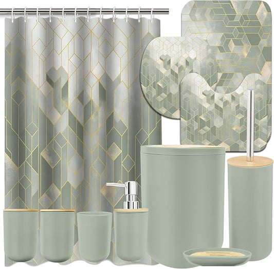 Lnond Sriral Green Bathroom Set, Green Abstract Cubes Bathroom Accessories Sets Complete, Luxury Restroom Set with Shower Curtain and Rugs, Trash Can, Toilet Brush Holder Set & Soap Dispenser