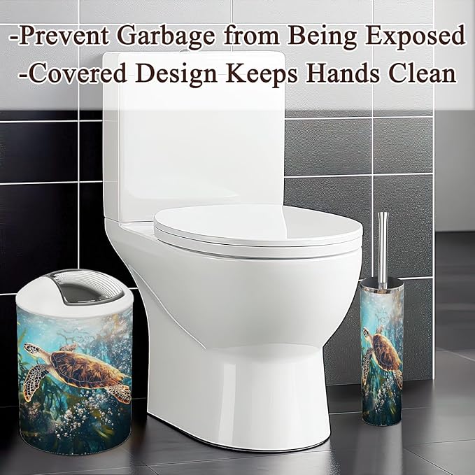 6 Piece Bathroom Accessories Set Sea Turtle Adventure Whimsical Kelp Forest Storybook Art Trash can Toilet Brush Holder Toothbrush Holder Toothbrush Cup Soap Dispenser Soap Dish for Home