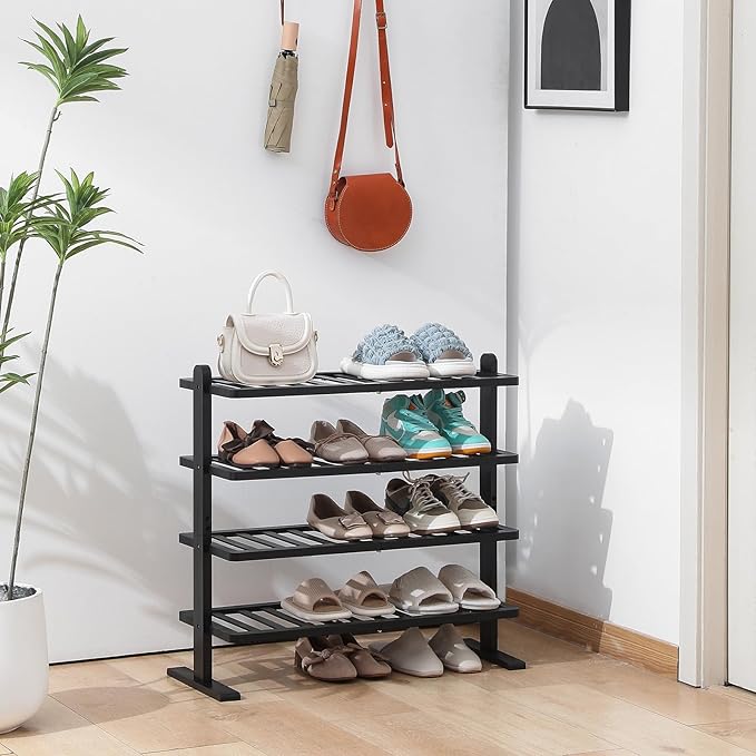Varhomax Black Shoe Rack, 4-Tier Bamboo Shoe Rack Organizer for Closet and Entryway, Thick Wooden Free Standing Shoe Shelf for Small Spaces, Sturdy & Versatile for Bedroom, Bathroom, Garage