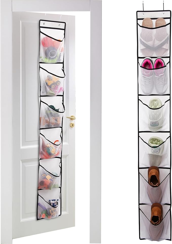 6 Large Breathable Mesh Pockets, Over The Door Shoe Organizer, Boots Hanging Storage Shoe Rack for Closet, Accessories - - White