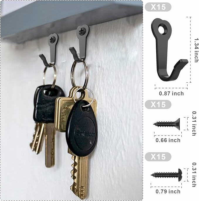 15Pack Heavy Duty Iron Wall Coat Hooks | Mug Hooks with 30 Screws for Towel, Key, Robe, Coats, Scarf, Bag, Coffee Cup, Mugs, Cap