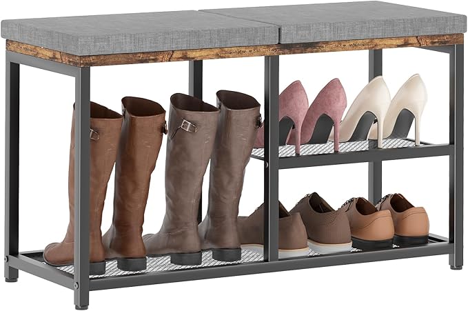 Shoe Rack for Entryway, Freestanding Hidden Shoe Storage Organizer, Boot Shoe Bench Shelves for High Heels with Seat cushion, Narrow Wood Shoe Rack for Entrance Closet, Hallway, 3 Tier (Brown + Gray)